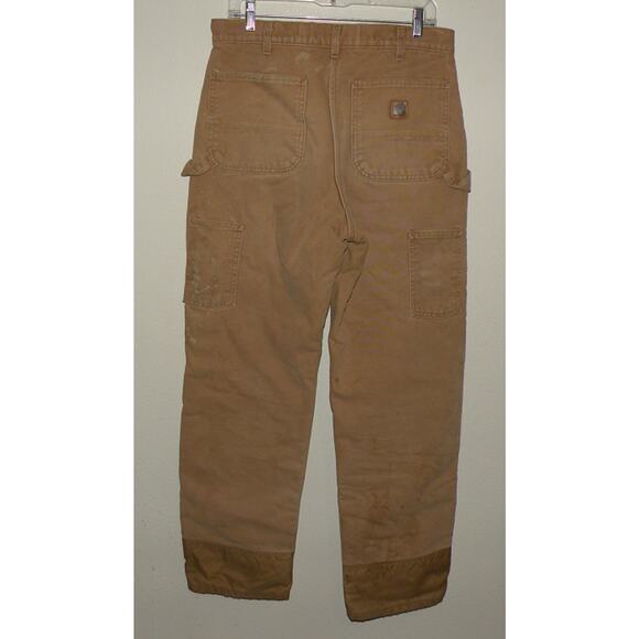 Carhartt Mens Fleece Lined Canvas Carpenter Pants 32 x 34 Dble Knee Brown Stains - Picture 2 of 3